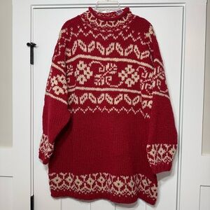 Vintage Express Tricot 100% Wool Tunic Sweater Pull Over Red Cream Women’s Large